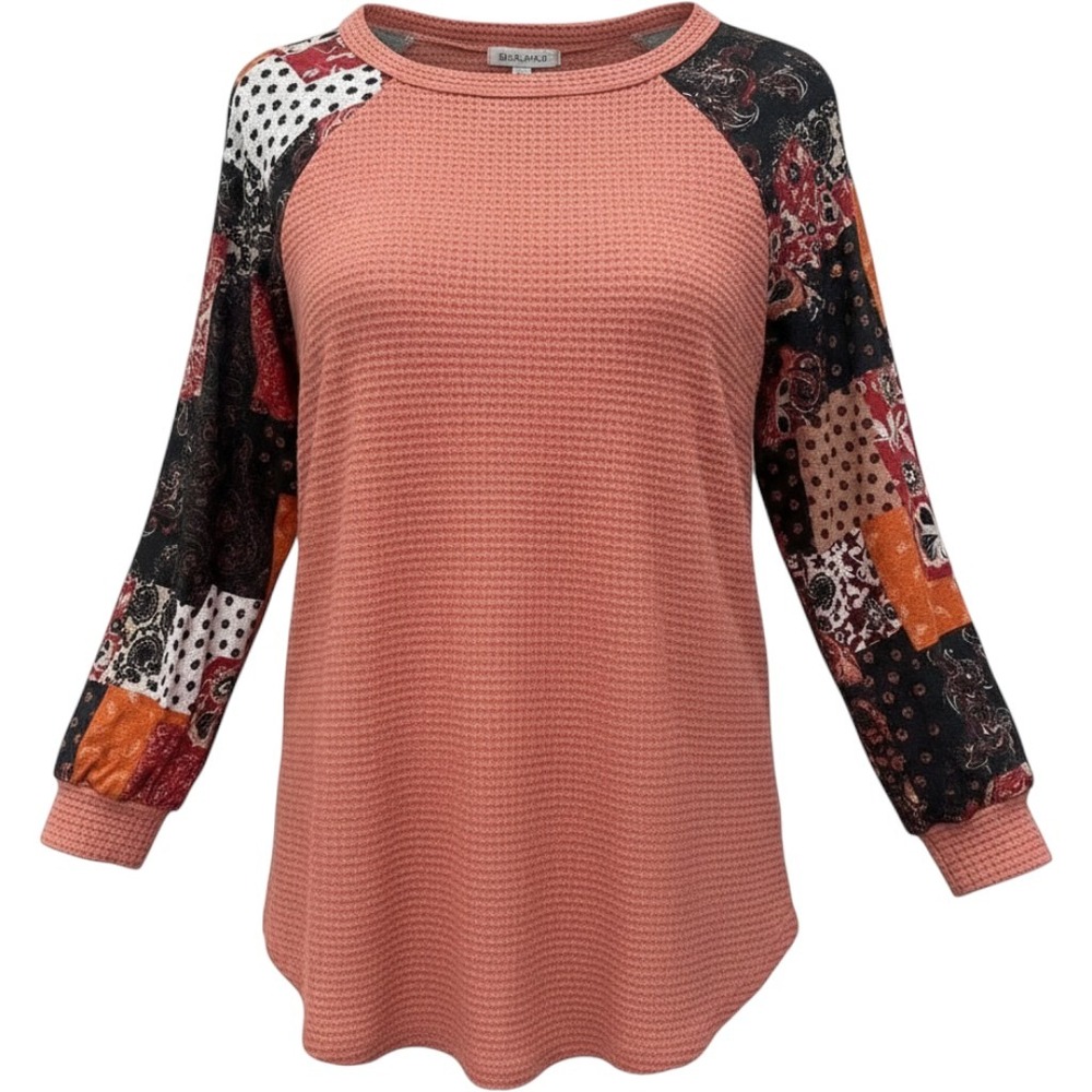 P & Rose Women Salmon Pink Waffle Knit Patchwork Raglan Sleeve Boho Top Small
